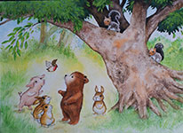 Baby Bear and bird in the woods